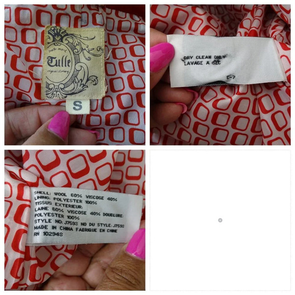 Tulle Red Wool Blend Peacoat Trench Coat Women Size S Button Closure FLAWS - Picture 6 of 15